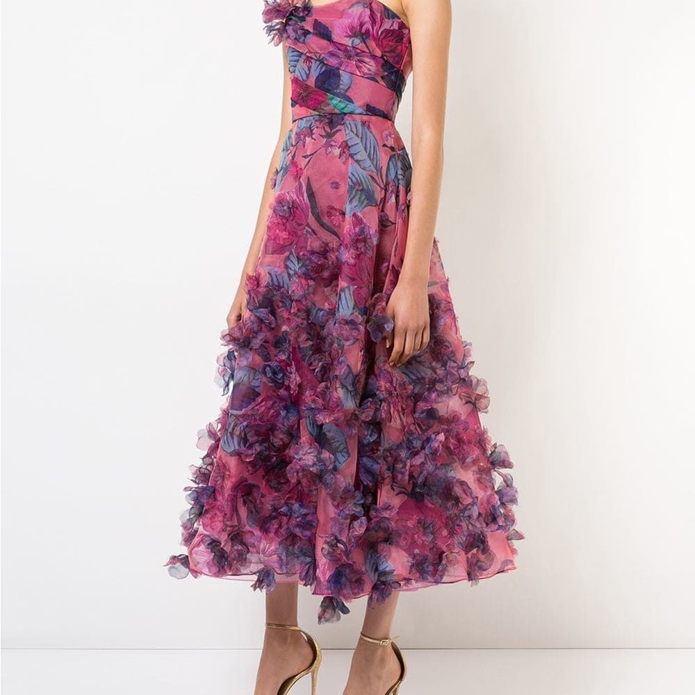 Marchesa Notte Strapless Gown Floral Pink and Purple Dress